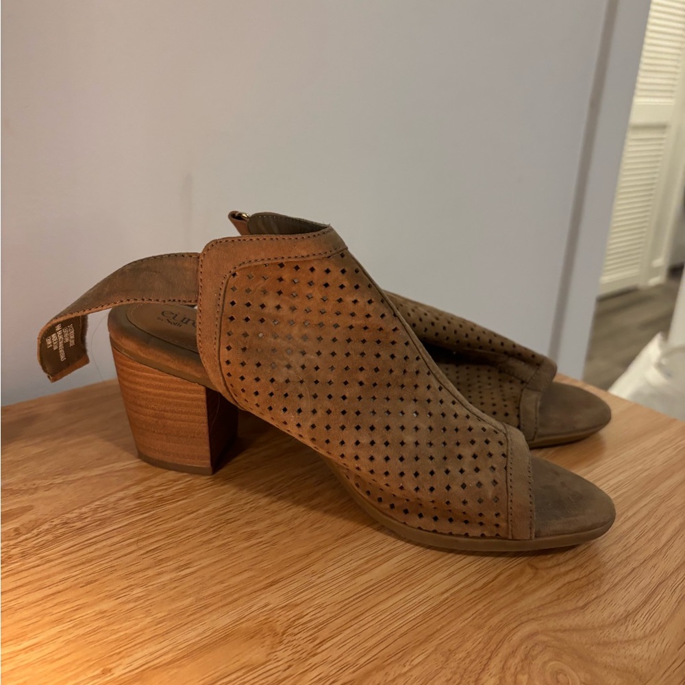 Chic Tan Perforated Block Heel Mules